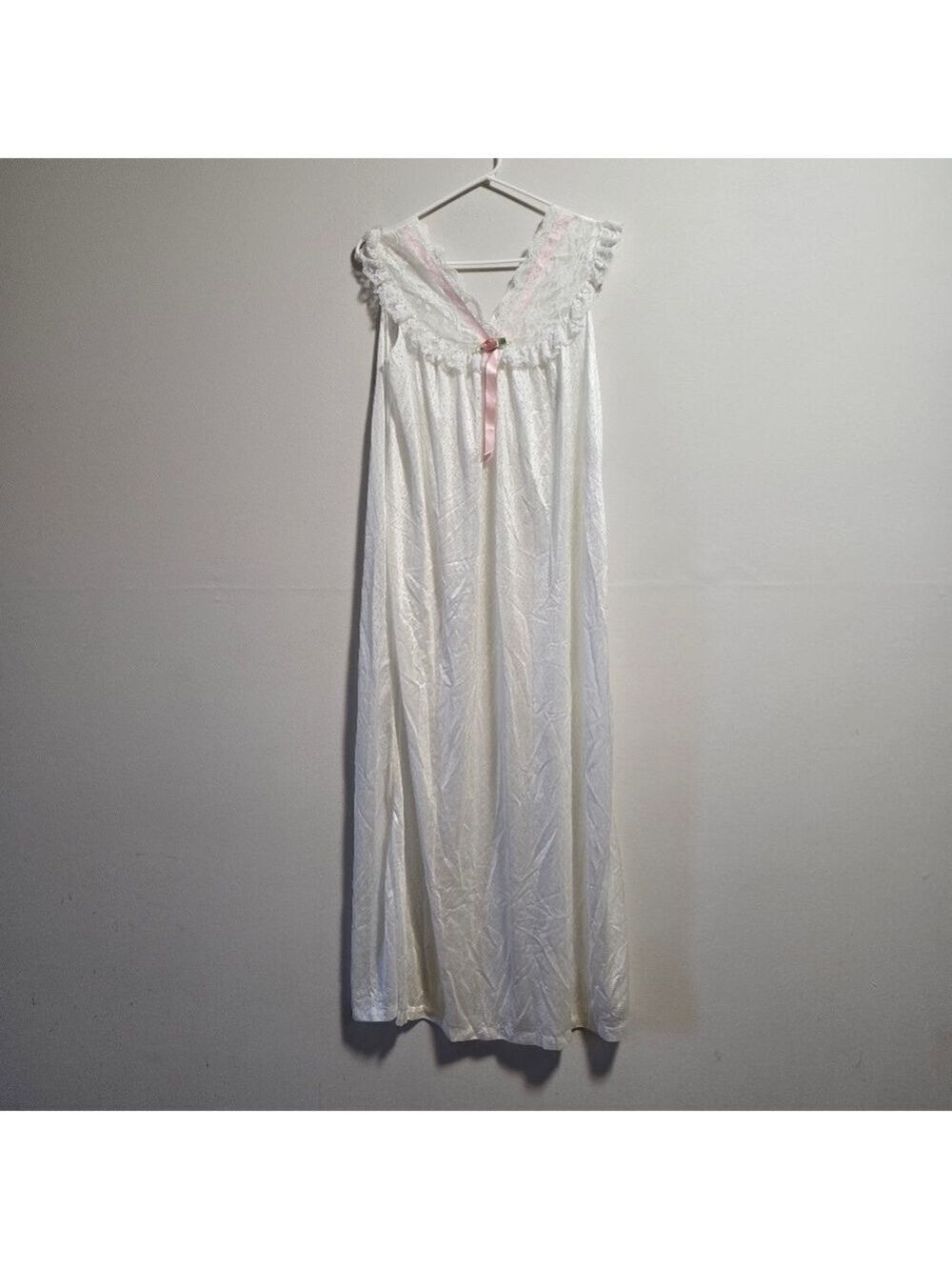 Vintage White Sleeveless Nylon Nightgown with Lace and Pink Accents